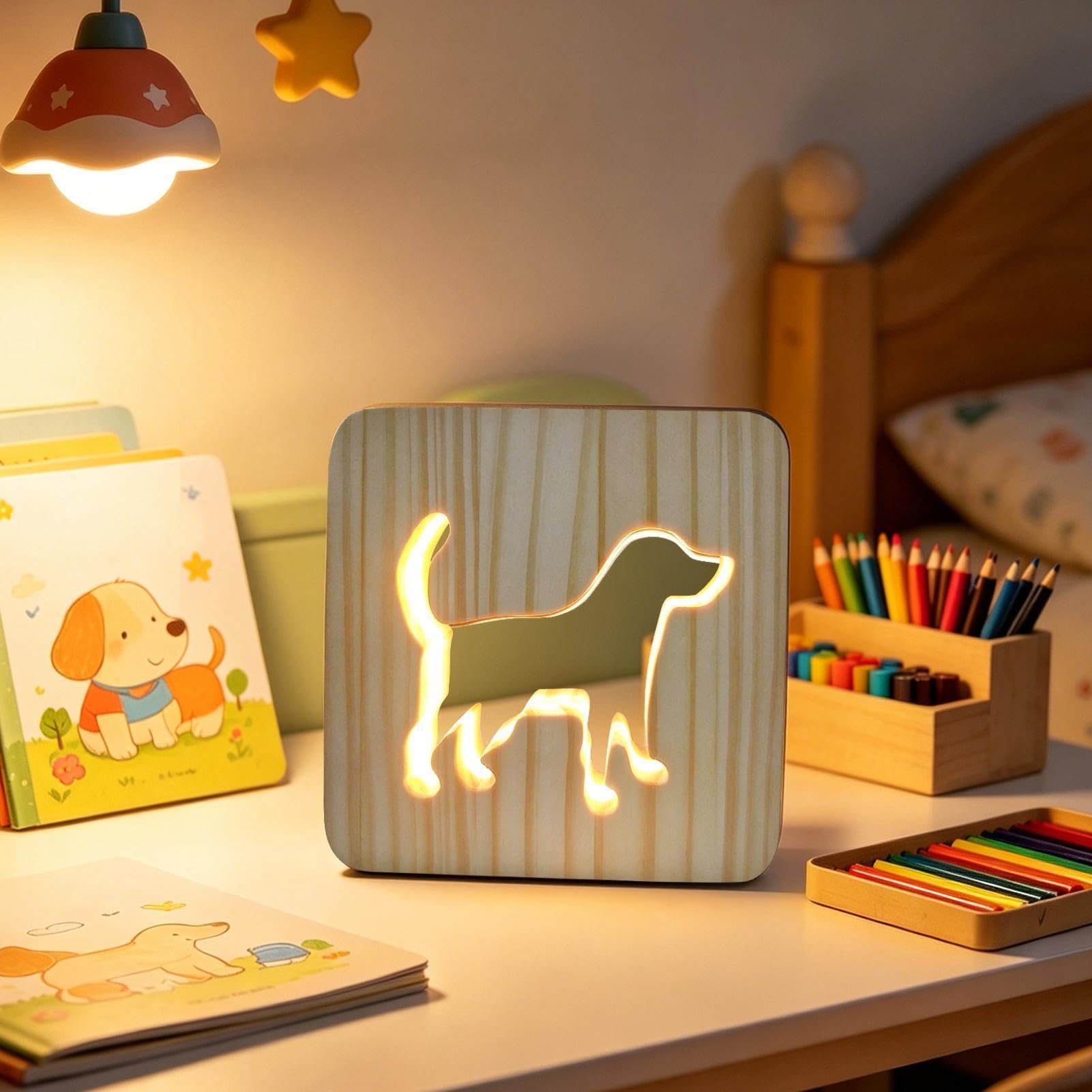 Lampki Nocne Do Pokoju Niemowlęcego Drewniana Lampka LED Piesek | Lampki Nocne Dla Dzieci Do Sypialni, Pokoju Dziecięcego, Domu, Przy Łóżku, Nauki, Na Biurko, Przedpokoju, Szkoły,