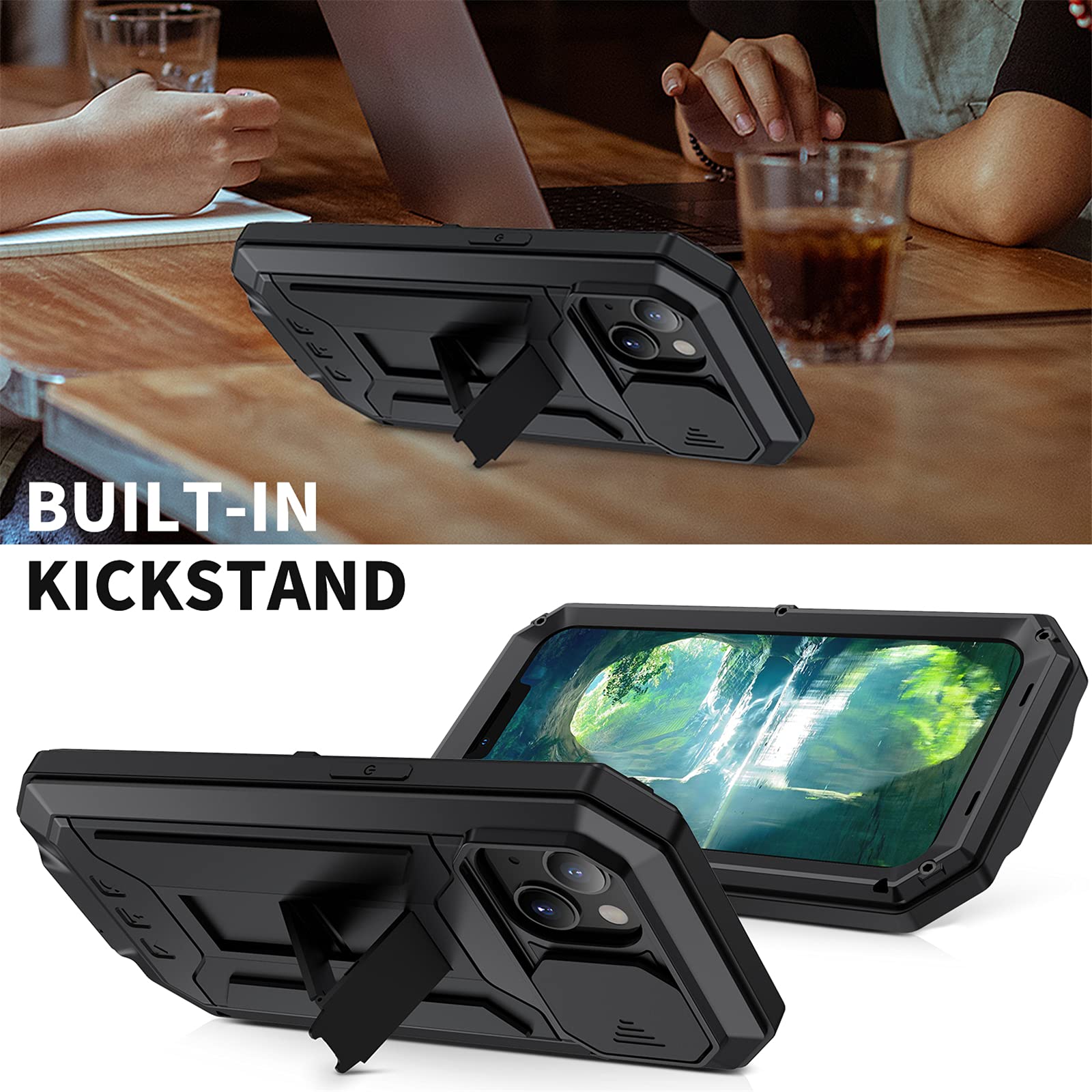 Funda para iPhone 13/13 Pro/13 mini/13 Pro Max/13 Mini, [Protección de la cámara] [Anti-Polvo & Anti-Arañazos] Heavy Duty Metal Bumper Antichoque Case con Soporte