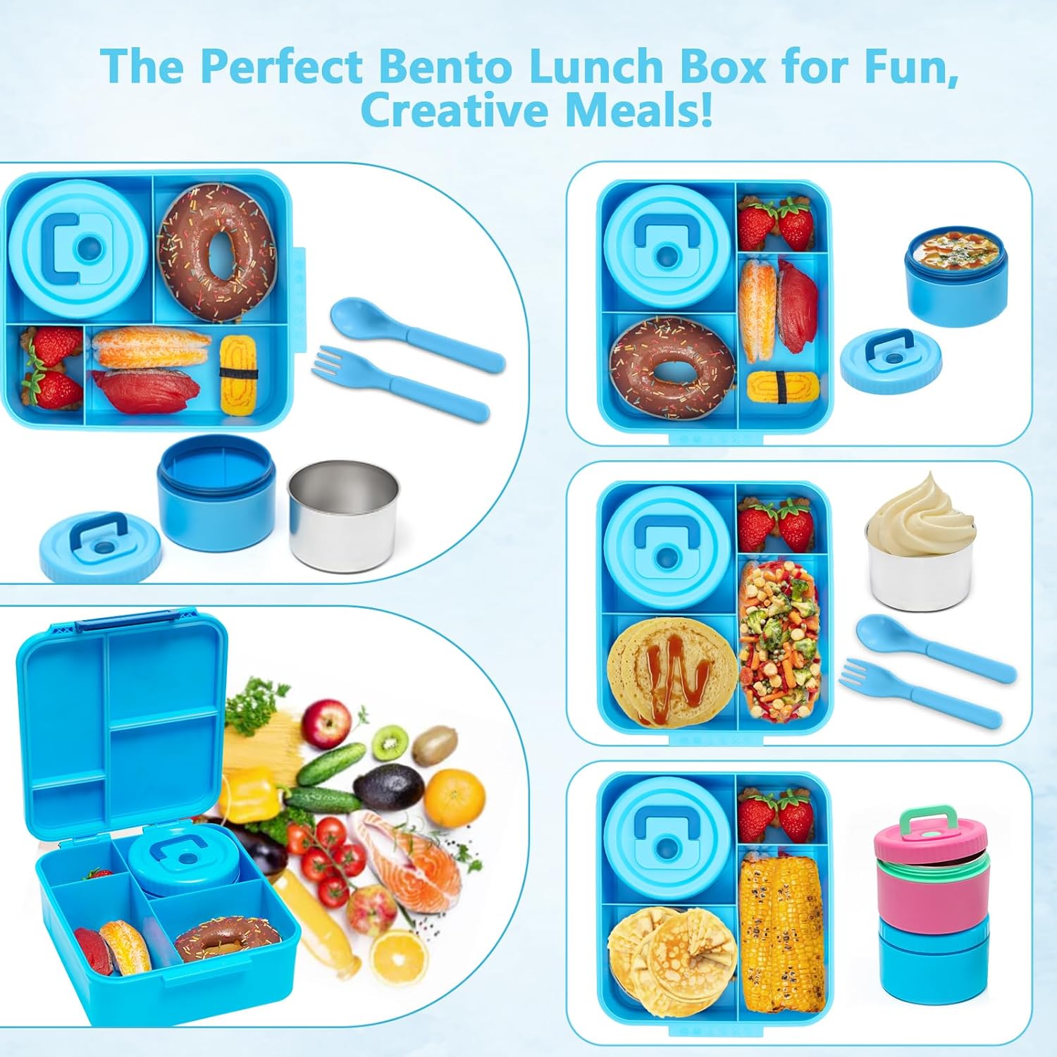 Bento Lunch Box for Kids with 8.5oz Soup Thermo, Kids Leakproof Lunch Food Containers with 4 Compartment, Blue Nylon Insulated Lunch Bag Adjustable Strap for Girl Teens School Travel Picnic - Image 3