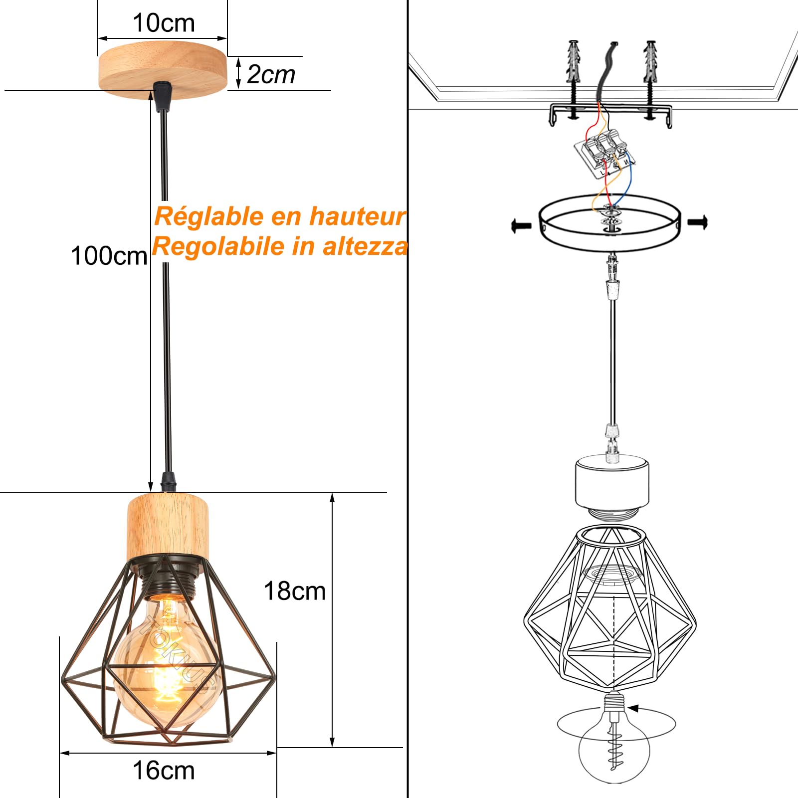Suspension Luminaire Vintage Industrielle Lustre Abat-jour en Métal et Bois Ø160mm Plafonnier E27 avec Bois Rétro Pour Salon Cuisine Chambre (1pcs)