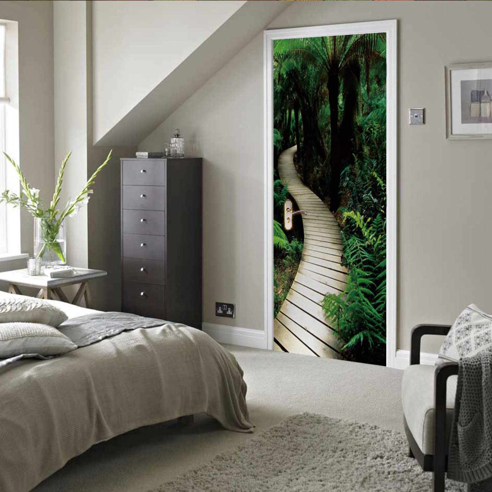 Sticker Porte Forêts et ponts en bois Papier Peint pour Porte Stickers Trompe Loeil Papier Peint 3d Trompe L'oeil Poster de Porte L100 x H200cm