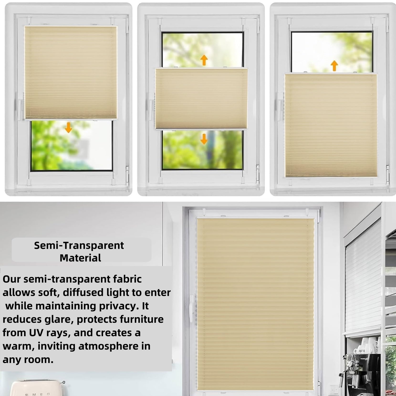 Store Plissé Occultant 75 x 205 cm Thermique Antisolaire, Occultant, Enrouleur Stores Plissés Intérieurs avec Clips pour, Fenêtre Facile à Installer, Couleur Crème