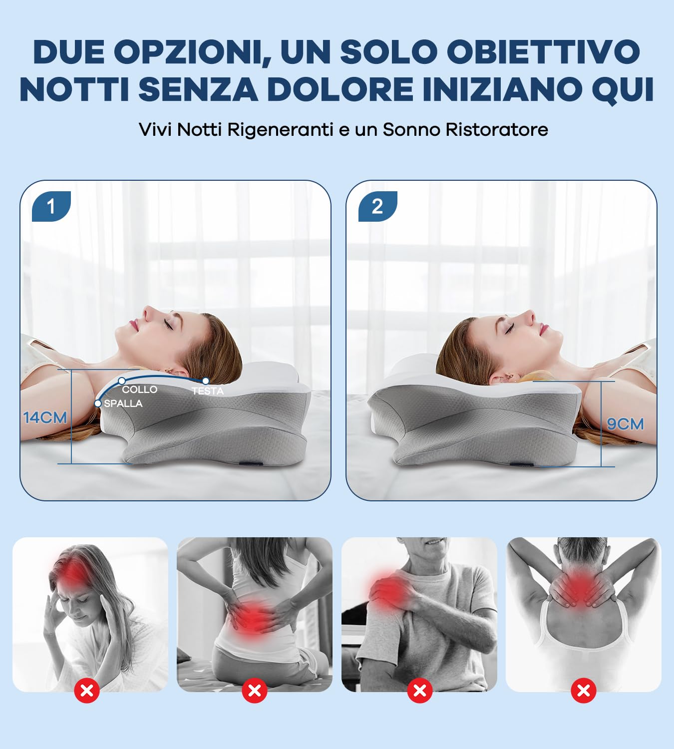 DONAMA Cuscino Cervicale per Dormire, 2 in 1 Cuscino Ergonomico in Memory Foam con Federa Sfoderabile e Lavabile