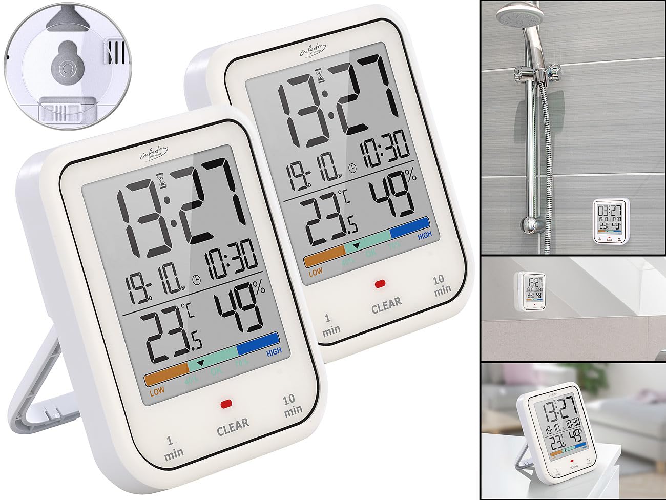 infactory orologio cucina: Set da 2 Orologi da bagno e doccia, bianco, dgital, misuratore di temperatura e umidità (orologio bagno con igrometro, per, WC)