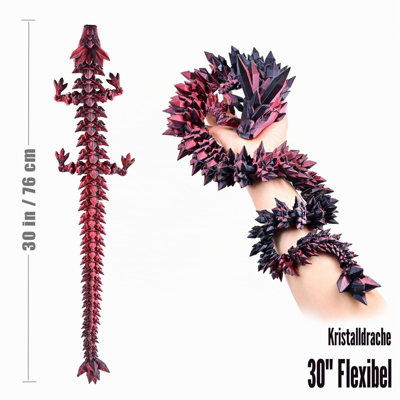 76 cm Großer 3D Gedruckter Drache – Bewegliches Drachen Spielzeug mit Flexiblen Gelenken, Riesiger Fidget Spielzeug als Schreibtischdeko Geschenk für Kinder Erwachsene（Rot Schwarz）