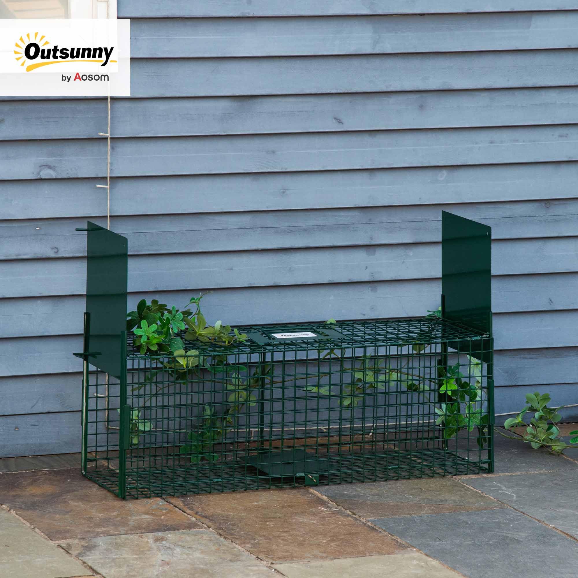 Outsunny Trampa para Animales Vivos con 2 Puertas Jaula de Captura Metálica con Asa para Conejos Visones Zorros Pequeños 80x25x30 cm Verde Oscuro