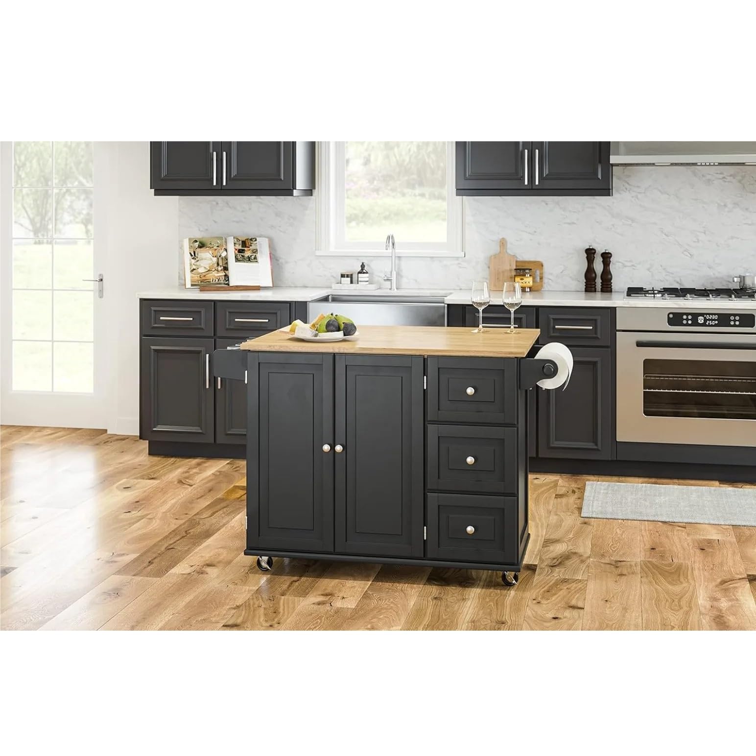 Carro rodante Carrito de Cocina con Tapa Madera y Barra abatible, Isla móvil rodante Almacenamiento toallero, Negro