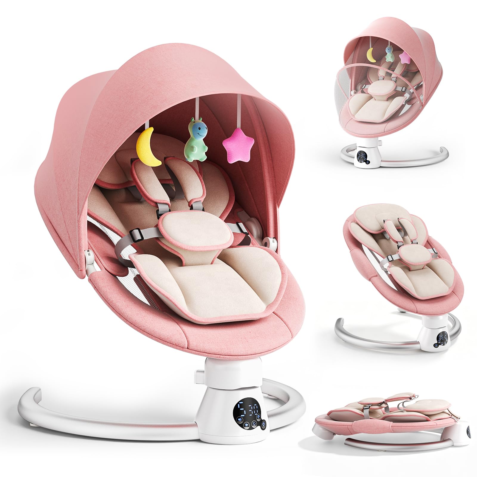 Transat Bébé Électrique avec Dossier Réglable sur 2 Niveaux – Application et Télécommande Balançoire Électrique pour Bébé, 12 Sons et Prise en Charge Bluetooth, 2 Options D'alimentation (Rosa)