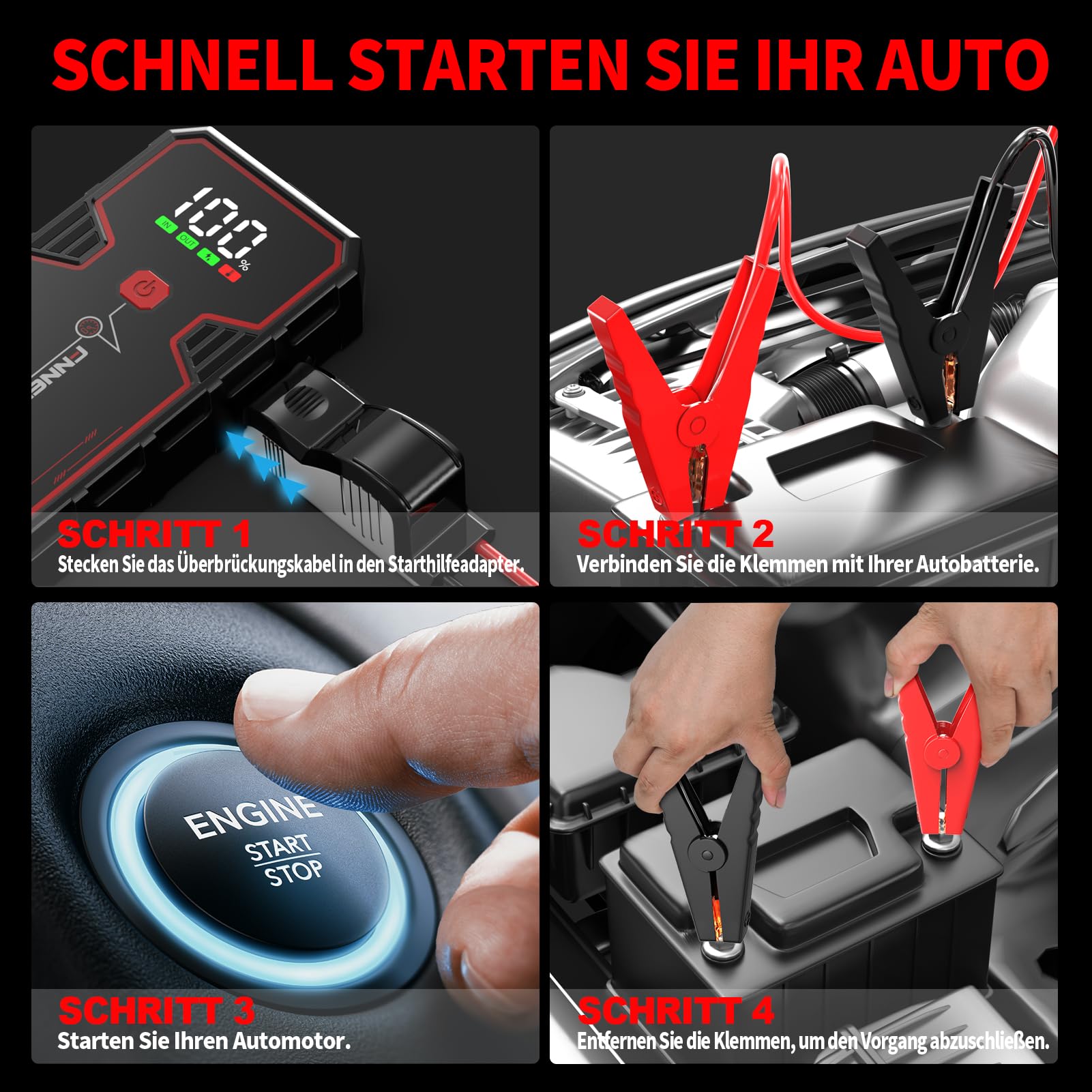 FNNEMGE Starthilfe Powerbank 5000A 23800mAh, Geeignet für 12V Auto Batterie (Alle Benzin und Bis Zu 8,0L Diesel), mit USB-Ladeausgang, LED-Licht, HD-Großbildschirm