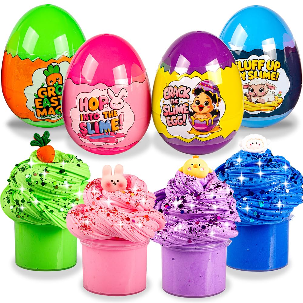 Waybla Easter Basket Stuffers for Kids – 4-Pack Butter Slime Eggs with Colorful Slimes, Glitter, and Easter Figurines – Fun Sensory Toy, Party Favors, Easter Basket Fillers