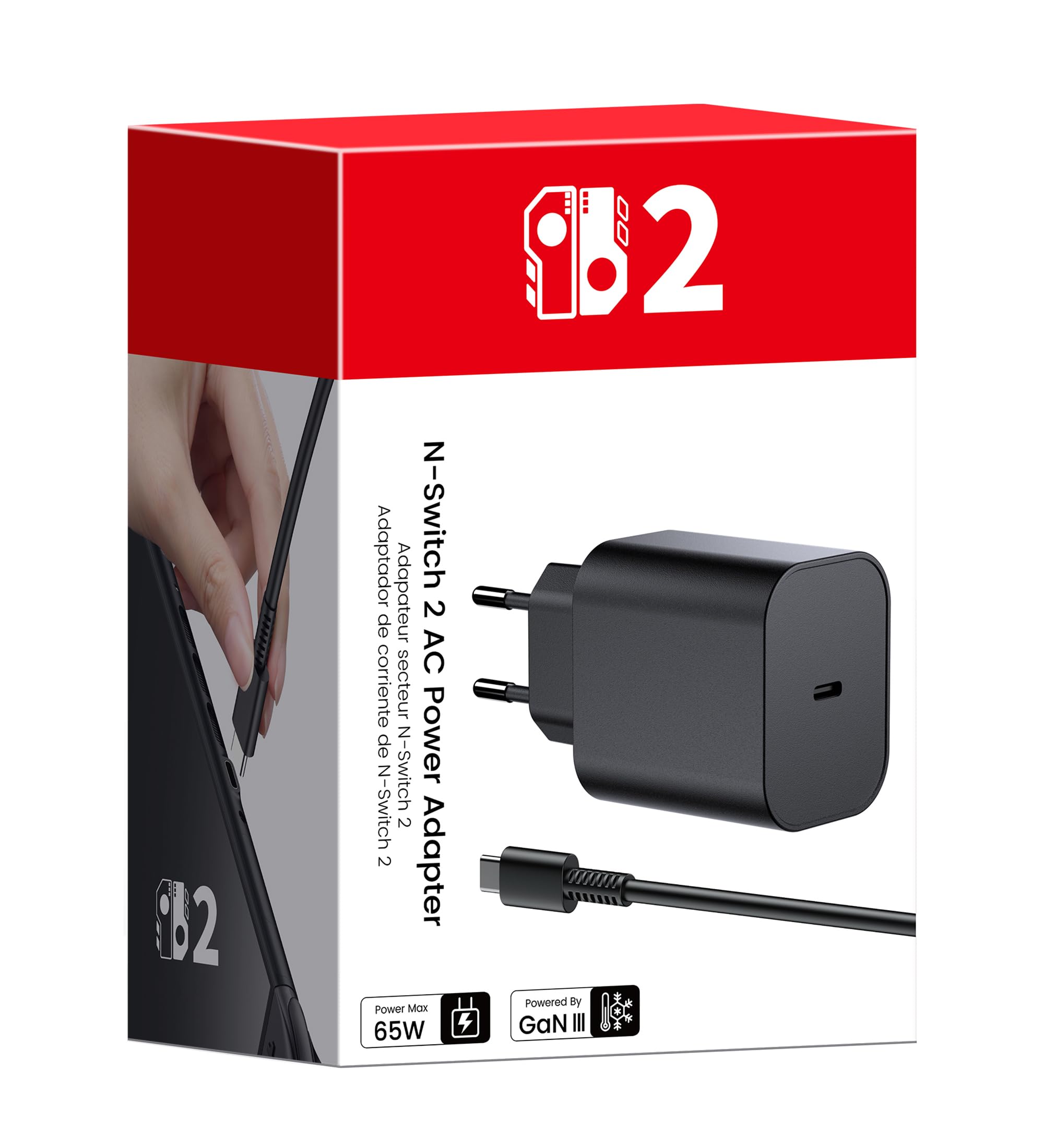 HELLCOOL 65W Switch 2-Netzteil mit 6,6ft (2m) Ladekabel – GaN 3.0 AC Adapter Ladegerät für Nintendo Switch 2/OLED/Lite, Steam Deck, ROG Ally – Unterstützt 4K TV Docking Modus – PD3.0 Schnellladung