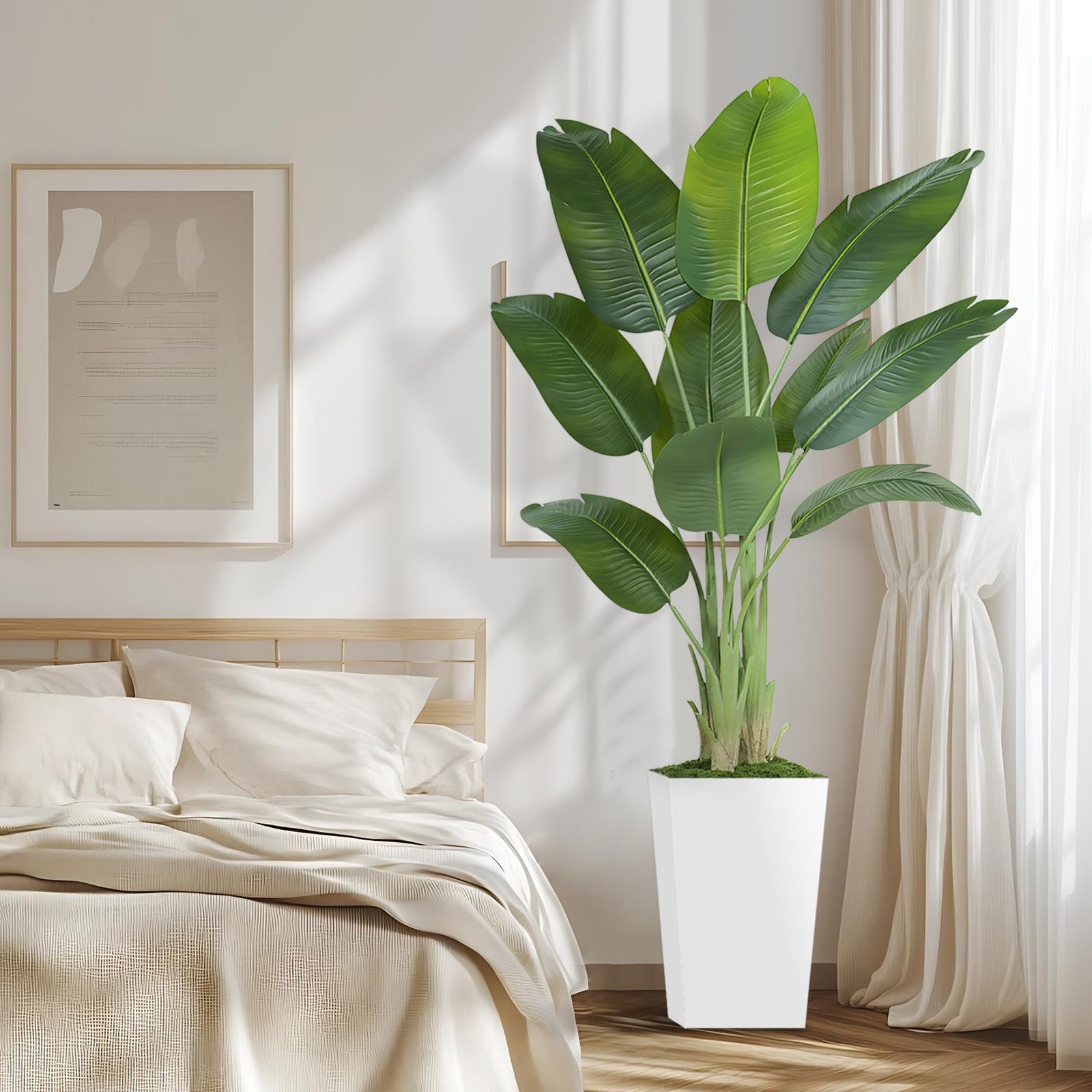 Plante Artificielle Oiseau de Paradis 180cm Pot Blanc Palmier Tropical Feuilles de Bananier Décoration Intérieur Bureau Salon