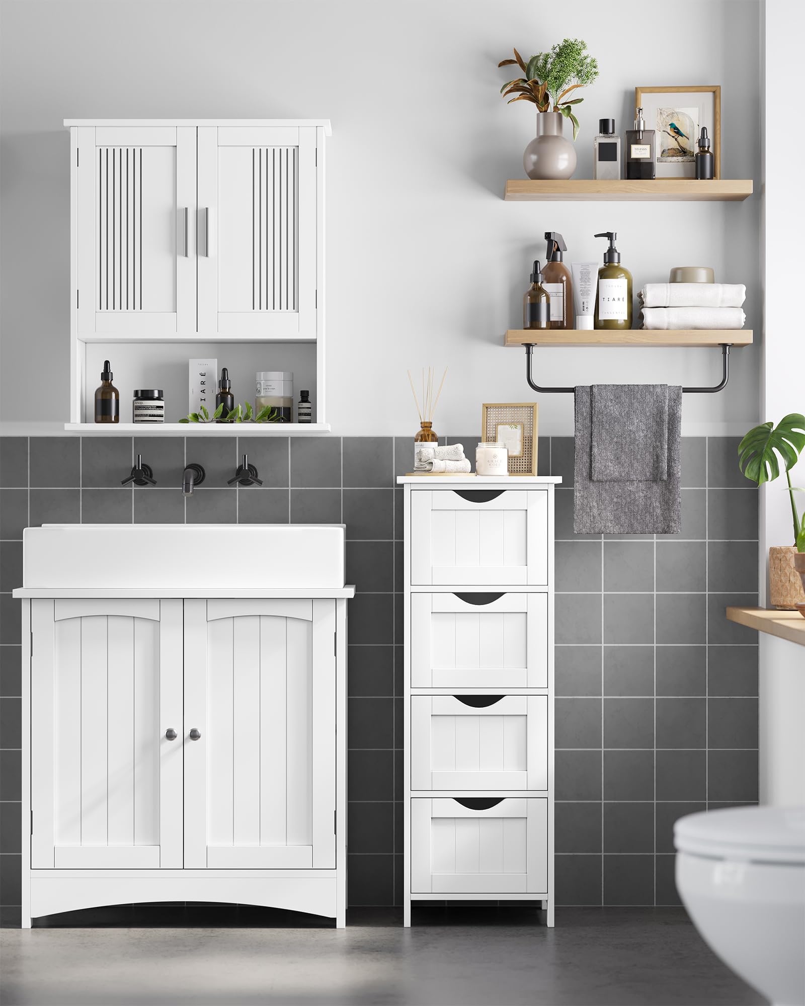 VASAGLE Mobiletto Sottolavandino Armadietto Sottolavabo Scaffale per Il Bagno con 2 Ante 2 Scompartimenti Ripiani Regolabili a Prova di umidità 60 x 30 x 60 cm Bianco BBC01WT
