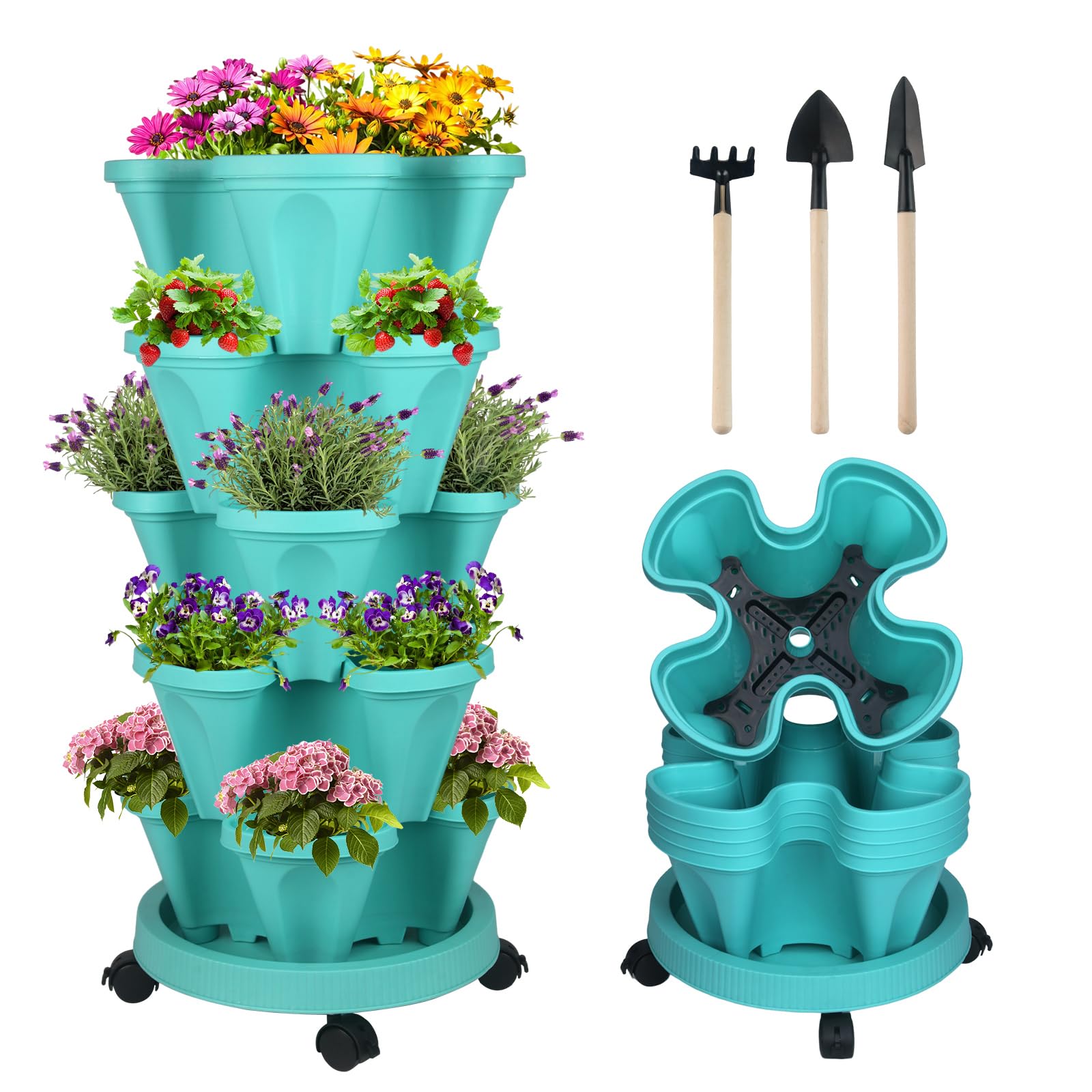 DUNCHATY Stackable Planter, Vertical Garden Planter with Wheels and Tools, Self Watering Strawberry Planter Indoor/Outdoor 5 Tier Herb Planter Pots for Growing Vegetables and Succulents, Teal