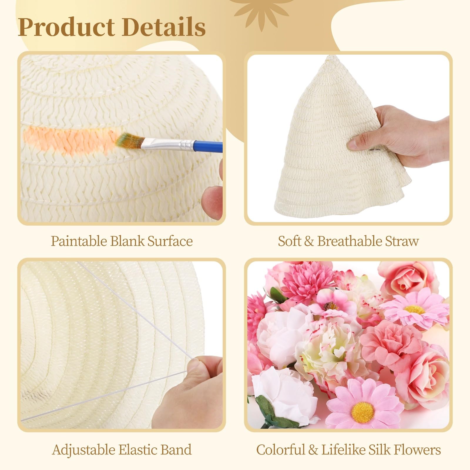 Kit de 70 sombreros de paja para bricolaje, sombreros de sol en blanco pintables con 60 flores sintéticas, sombreros de fiesta de té, kit de manualidades para viajes a la playa, camping