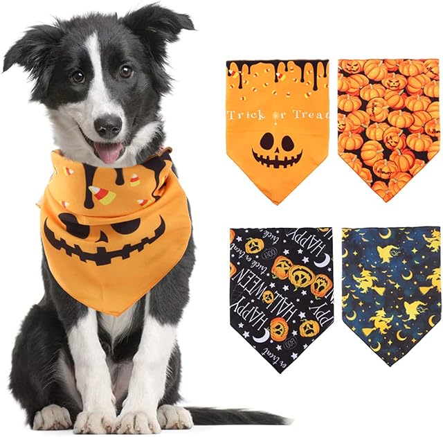 4 Pack Halloween Bandana for Dogs,Triangle Bibs Pet Scarf for Small Medium Large Dogs Cats Halloween Decorations, with Pumpkin Ghost Bat Pattern Holiday Accessories (4 x halloween bandanas)