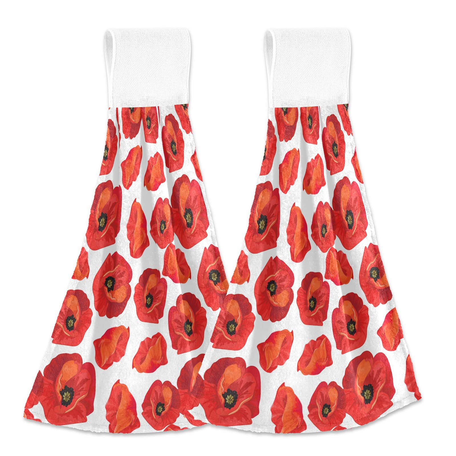 Poeticcity White,Red Seamless Floral Red Poppies Summer Floral Pattern On White 2 Pcs Hanging Kitchen Hand Towel, Dish Dishcloth Towels With Hanging Loop, Absorbent Tea Bar Bath Tie Towel For Tabletop Kitchen