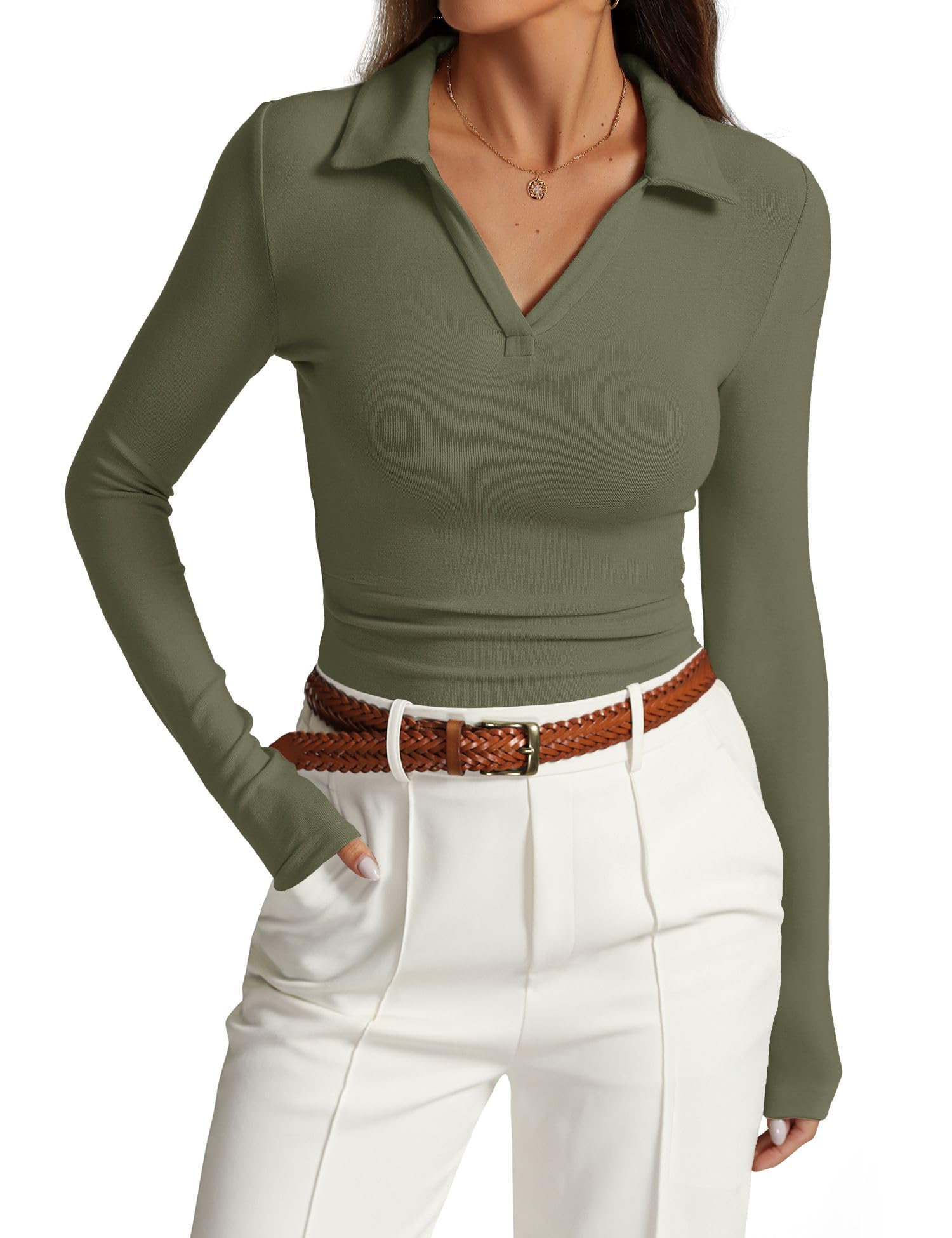Prettywear Womens Long Sleeve Polo Shirts Business Casual Work Tops Blouse Slim Fitted Collared V Neck Shirt 2025