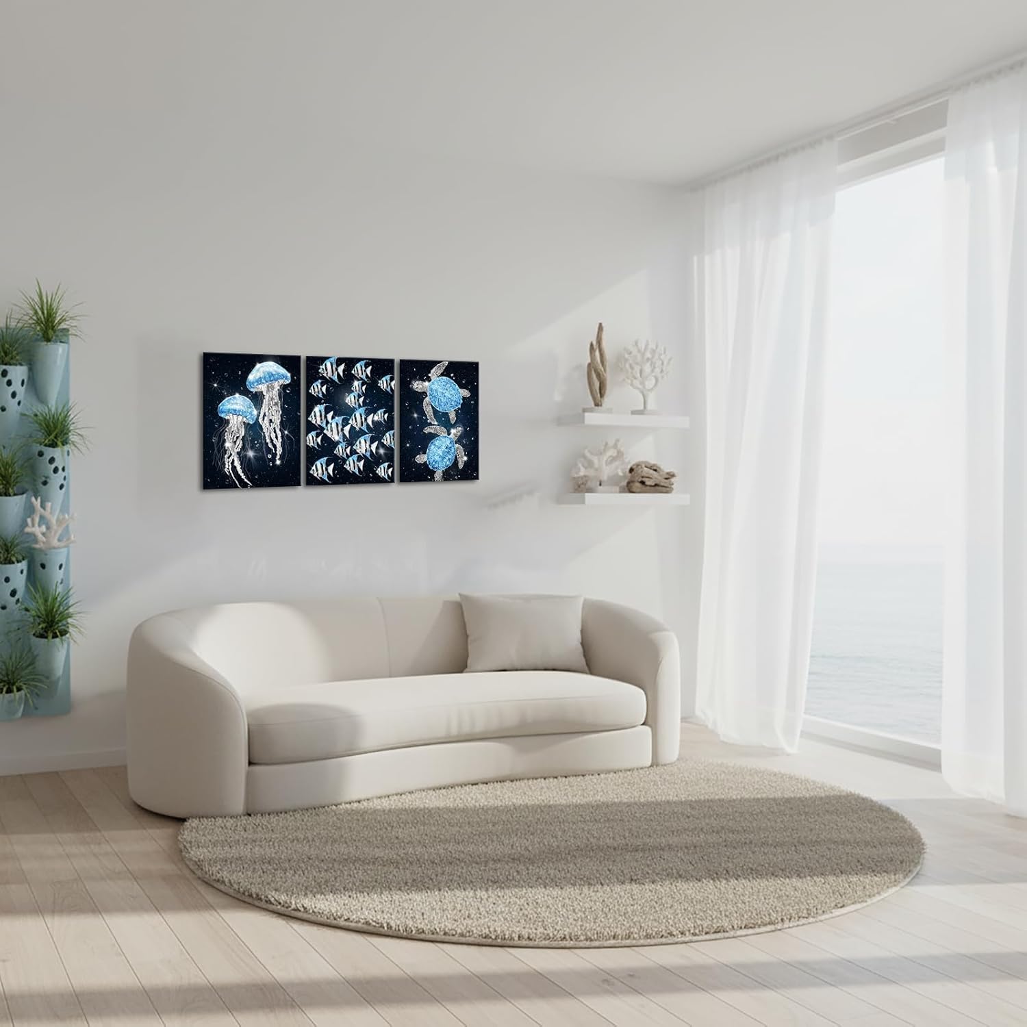 sechars Ocean Sea Life Wall Art Jellyfish Tropical Fish and Sea Turtles Pictures Modern Bathroom Nautical Decor (Blue)