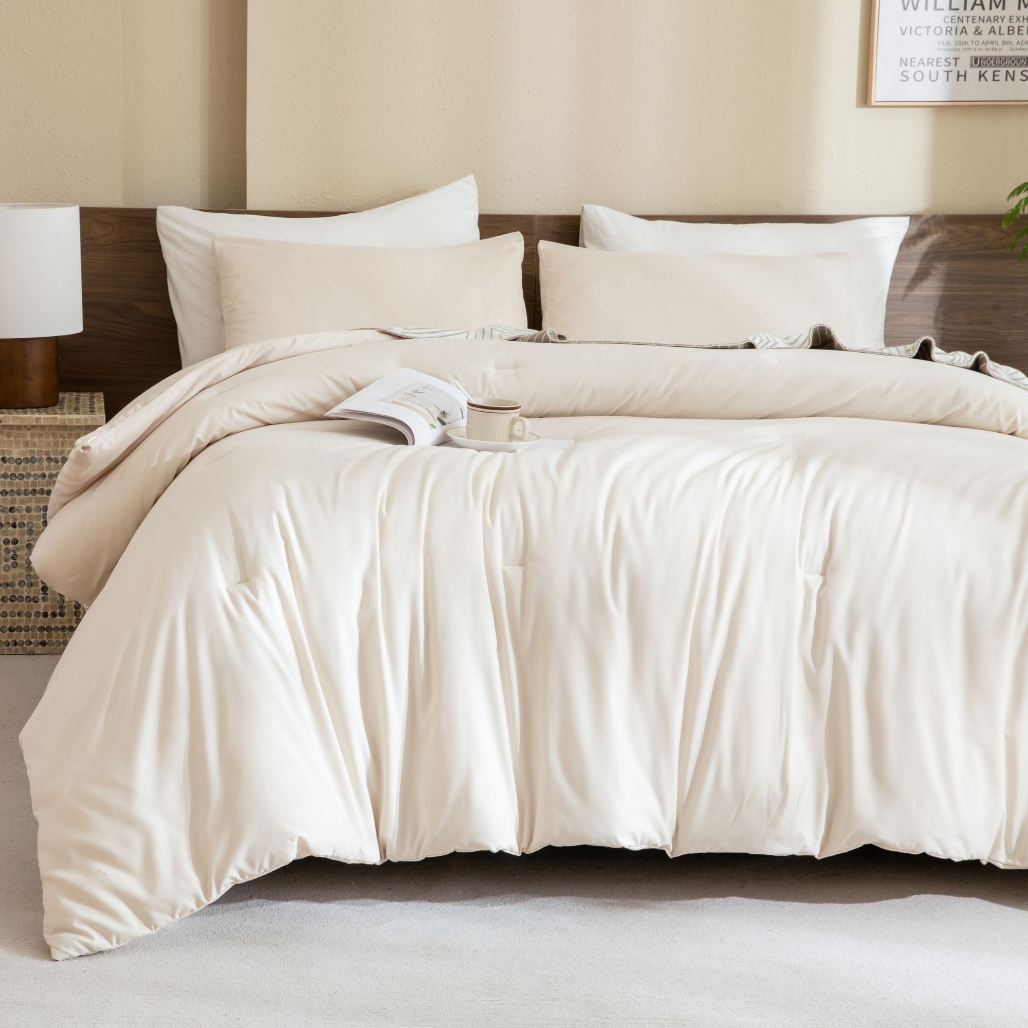 Beige Comforter Set King Size, Cream 3 Pieces Comforter Set, Lightweight Solid Neutral Bedding Set, All Seasons Soft Breathable Boho King Comforter Set (104x90In Comforter & 2 Pillowcases)