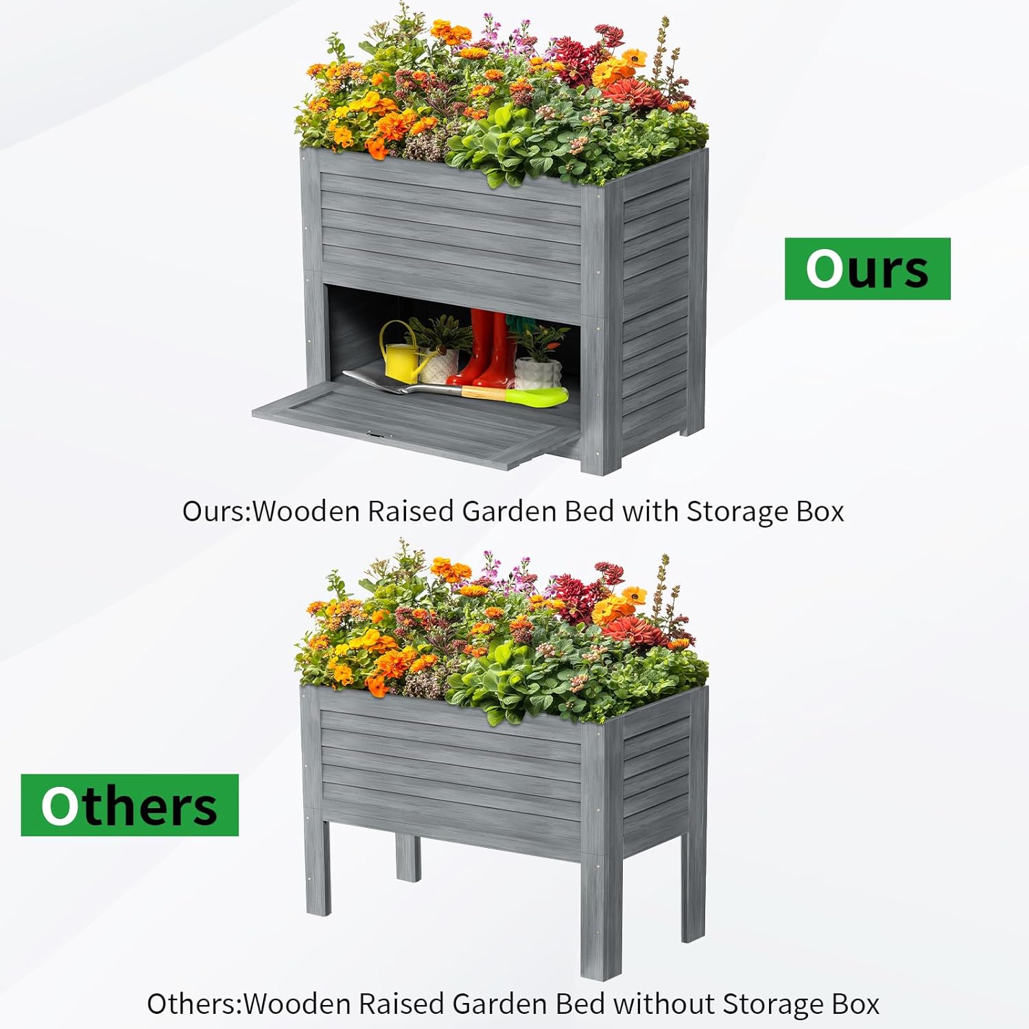 SUNYRISY Wooden Raised Garden Bed with Storage Box, 34" L x 18" W x 30" H Elevated Large Planter Box for Planting Herb Vegetable Flower Outdoor Indoor, Grey