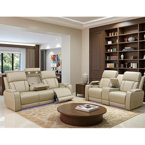 Power Recliner Sofa and Loveseat Set, Beige Leather Reclining Sofa Sectional Couches with Drop-Down Table, Living Room Furniture, Reclining Sofa with Cup Holders/Storage Console for House