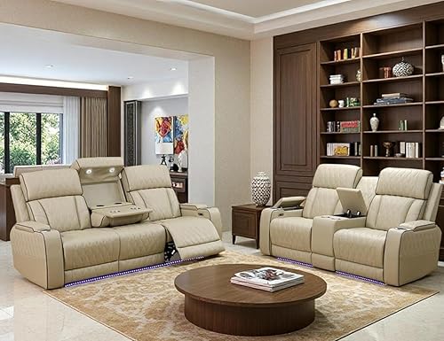 Power Recliner Sofa and Loveseat Set, Beige Leather Reclining Sofa