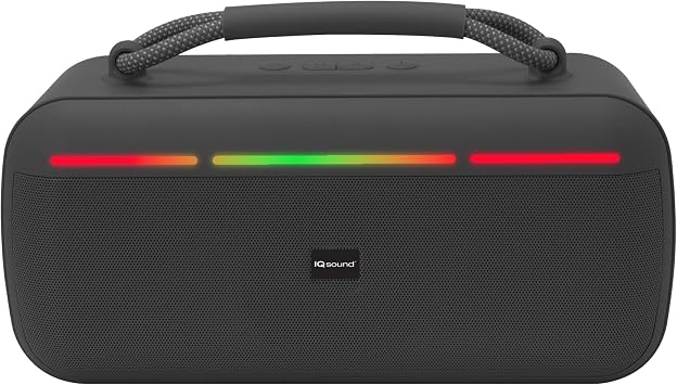 IQ Sound IQ-3521RGB Halo Glow Portable Bluetooth Speaker 5W with FM Radio, TWS Stereo Pairing, Bluetooth 5.4, RGB Lights, USB/Micro SD, Built-In Handle, 2400mAh Battery, Up to 20H Playtime Black