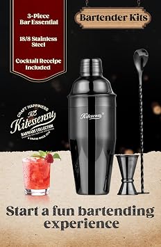 KITESSENSU Cocktail Shaker Set, Stainless Steel Martini Shaker Set with 24 Ounce Cocktail Mixer with Drink Shaker, Measuring Jigger, Bar Spoon & Drink Recipe Guide, Black