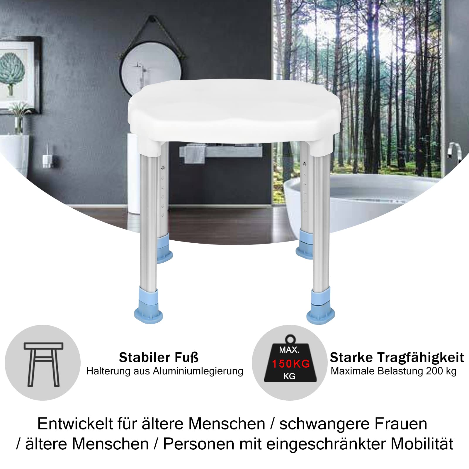 YRHome Taburete de ducha antideslizante, altura ajustable, ayuda para ducha, asiento de baño, silla de baño, asiento de baño, asiento de baño para personas mayores, capacidad de carga 150 kg