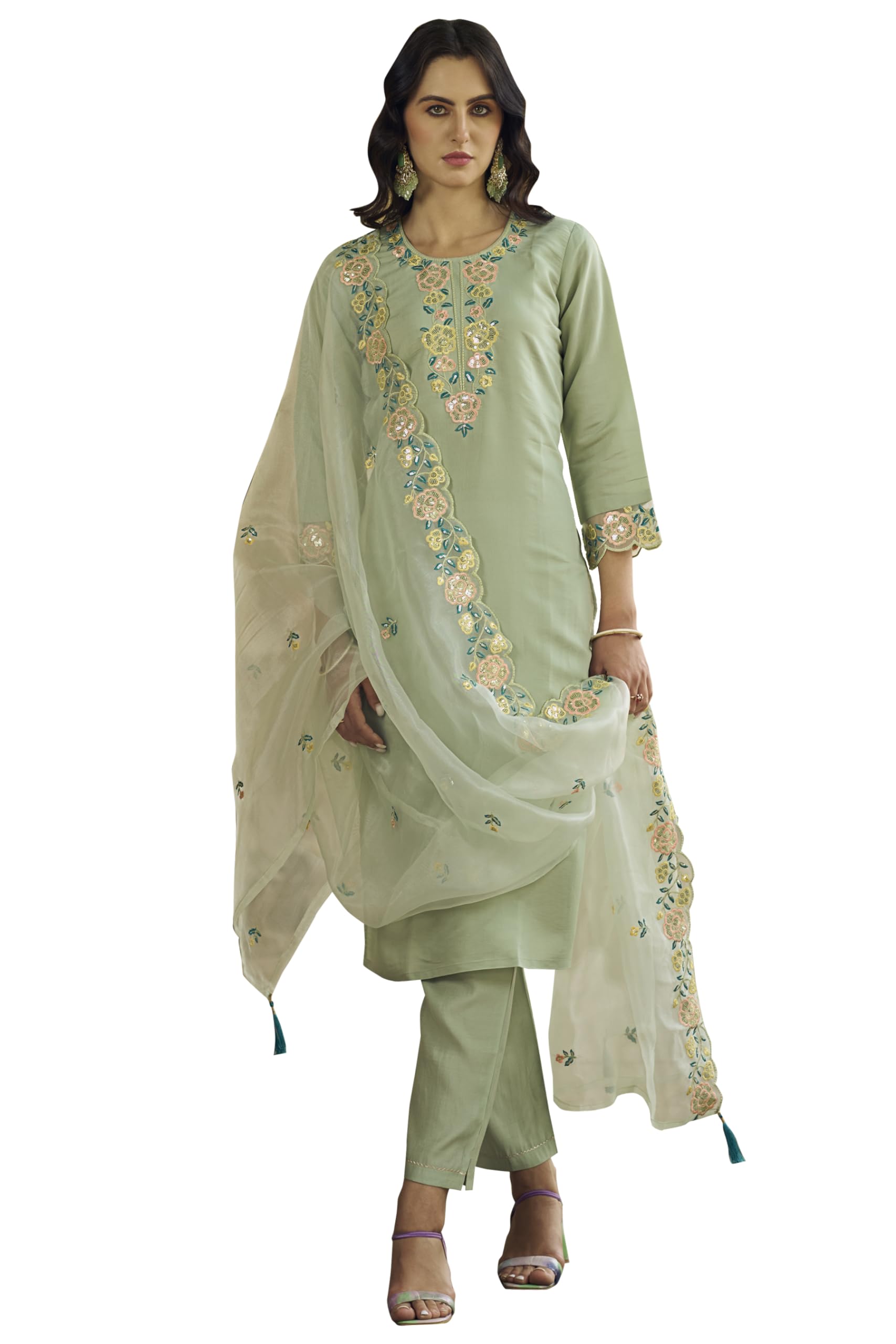 VredeVogel Kurta Donna In Seta Viscosa Ricamata Con Pantaloni E Dupatta In Organza