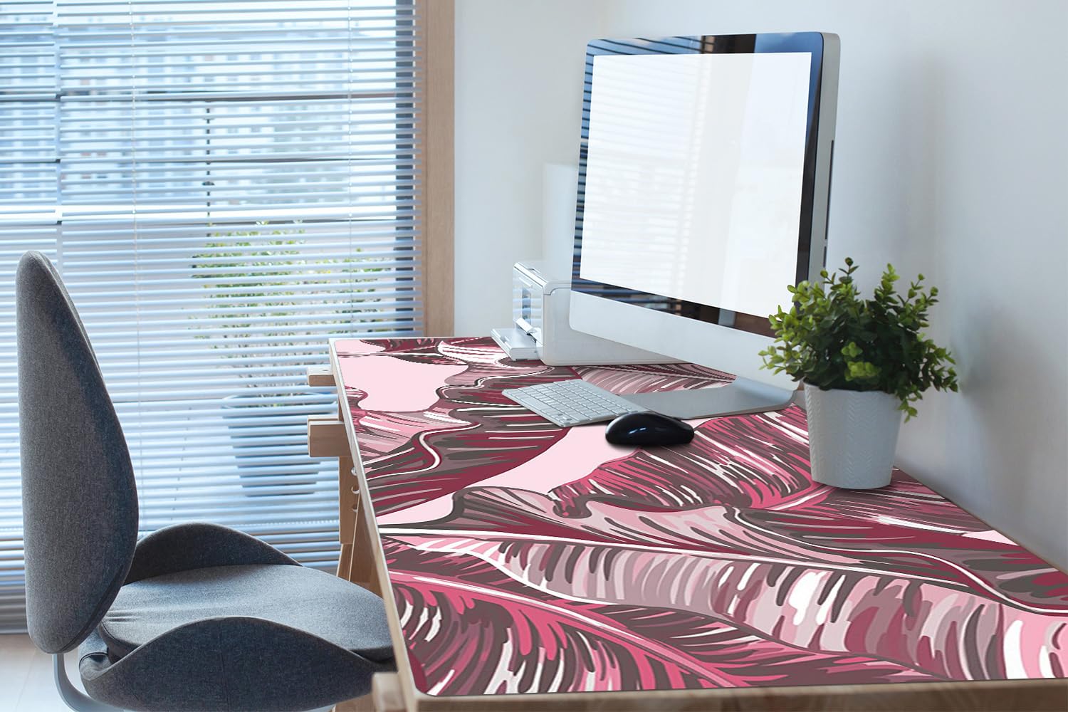 Tappetino da Scrivania 120x60 cm Protezione e Decorazione in Vinile PVC Antiscivolo Impermeabile Facile da Pulire Superficie Protettiva per Ufficio e Casa - Palma rosa