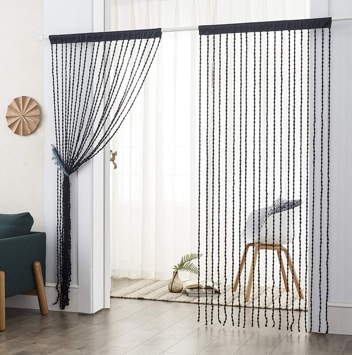 HSYLYM Pom Pom String Curtain Room Divider Light Weight,Perfect for Window Treatment and Home Decoration,Black,90x200cm(35x78inch)
