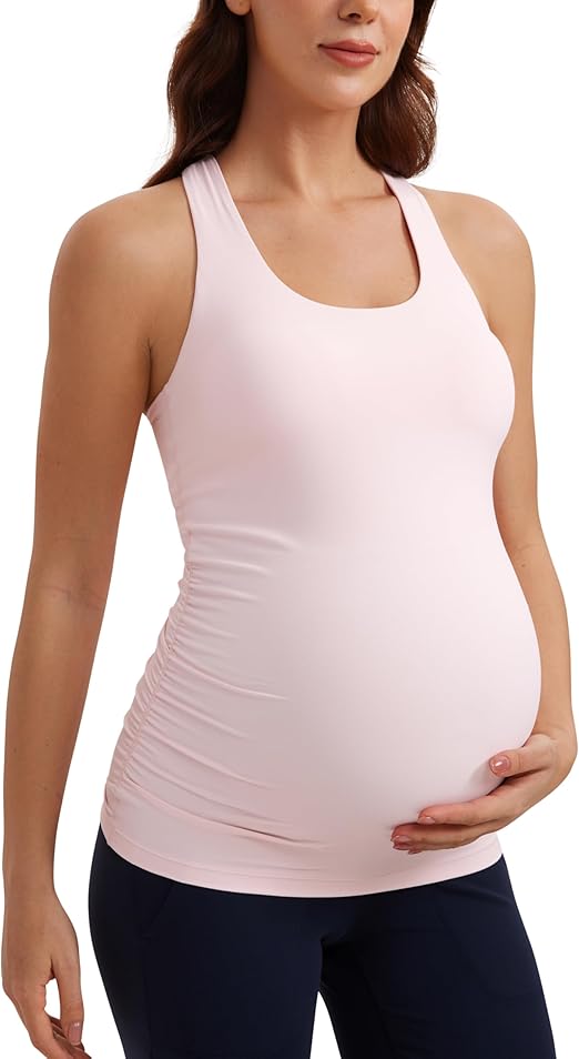 CRZ YOGA Butterluxe Womens Racerback Maternity Tank Tops Ruched Sleeveless Pregnancy Yoga Tee with Built in Bra Workout Shirt