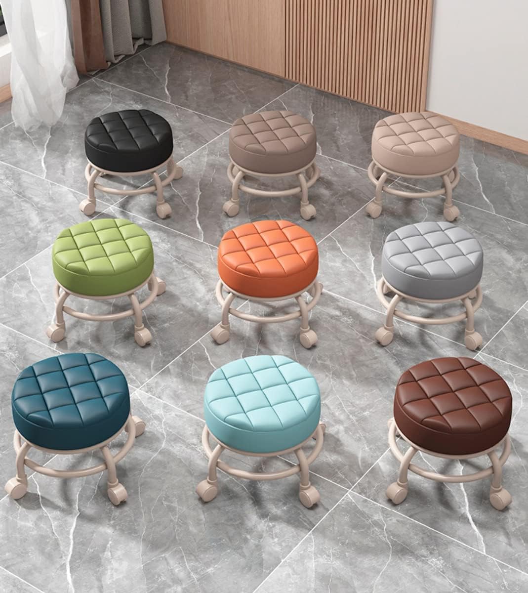 ALturN Roller seat Low Stool,Round Stool with Wheels Low Rolling Stool with 360°Swivel Wheels, PU Leather Seat Stool Chair for Home Office Garage Shop Fitness Sport,(Grey 1PCS) (Color : Green)