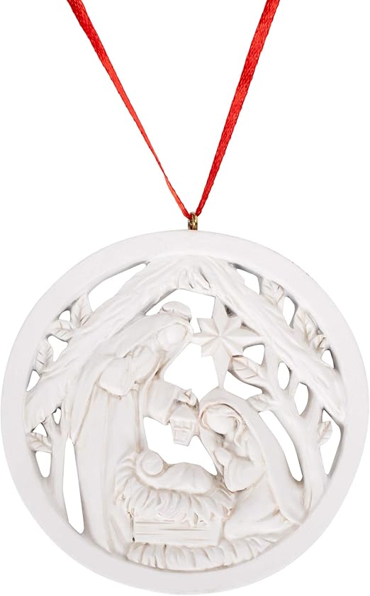 Holy Family Within Creche Antique White 3.5 x 3.5 Resin Stone Christmas Nativity Ornament