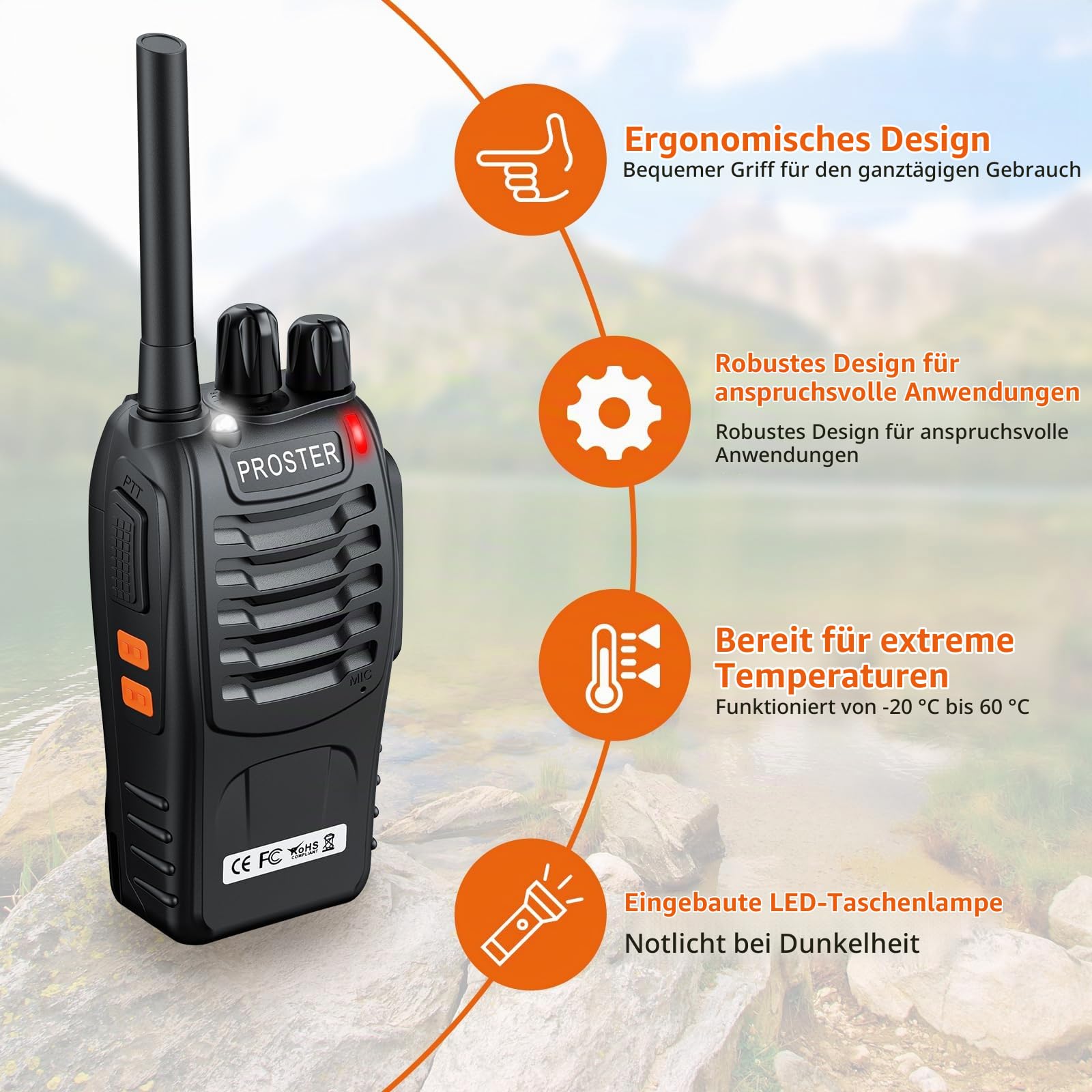 Proster Walkie Talkies 16 Kanäle PMR Funkgeräte mit Sprachaufforderung Wiederaufladbare mit USB-Ladegerät und Kopfhörer -Schwarz(2 Paar) (2 Paar)