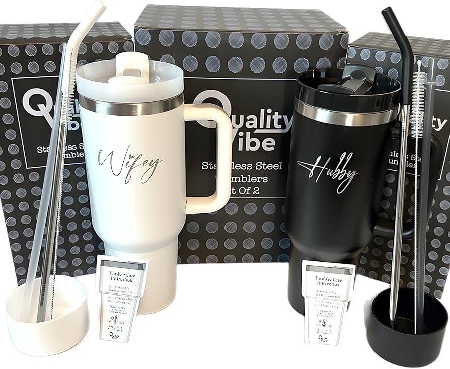 QualityVibe Wifey & Hubby Wedding Gift 40 oz Engraved Tumbler Set Of 2 For couples With Straw & Brush. Christmas or Engagement Gift Set For Bride & Groom.