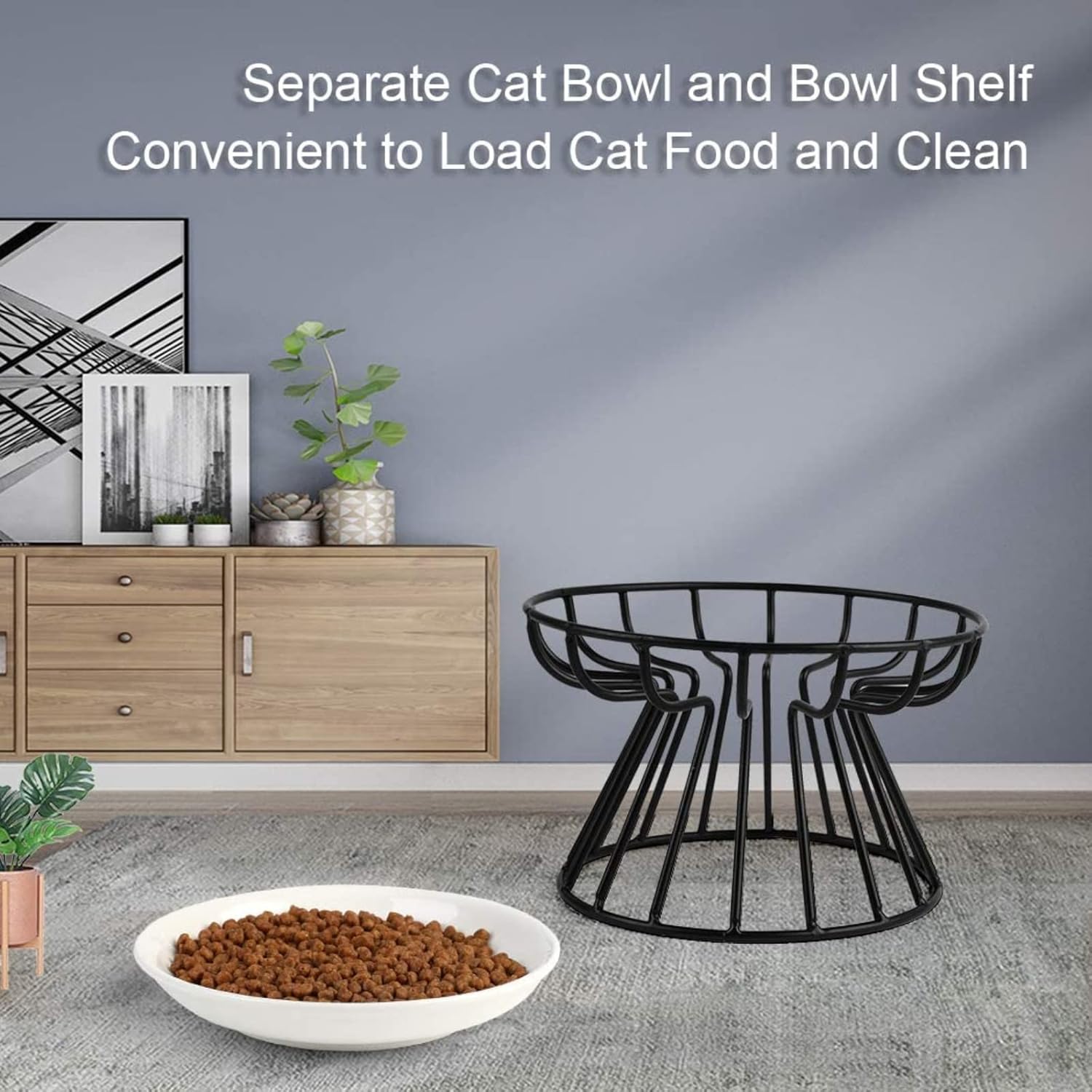 Cat Bowl-Raised Cat Food Bowl,Elevated Cat Feeder Bowl Stand, Food & Water Anti Vomiting Shallow Ceramic Cat Dish, with Non-Slip Mat Pet Bowl for All Cat (Black)
