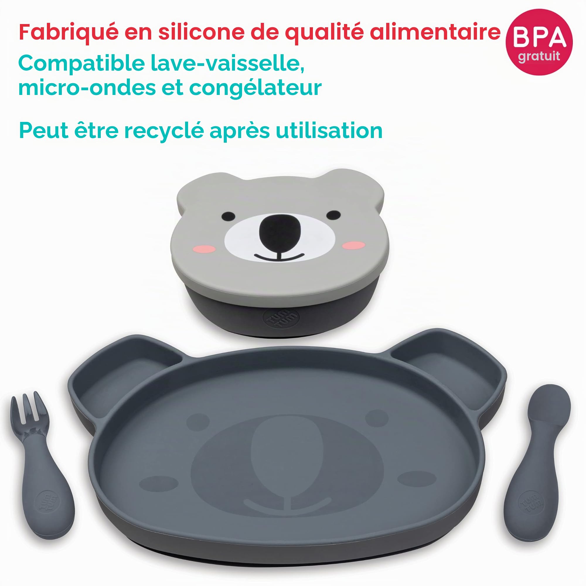 TUM TUM Set de Table Enfant, Assiette Ventouse pour Bébé Bol, Couverts Enfant, 6 m+, Kev le Koala, Gris