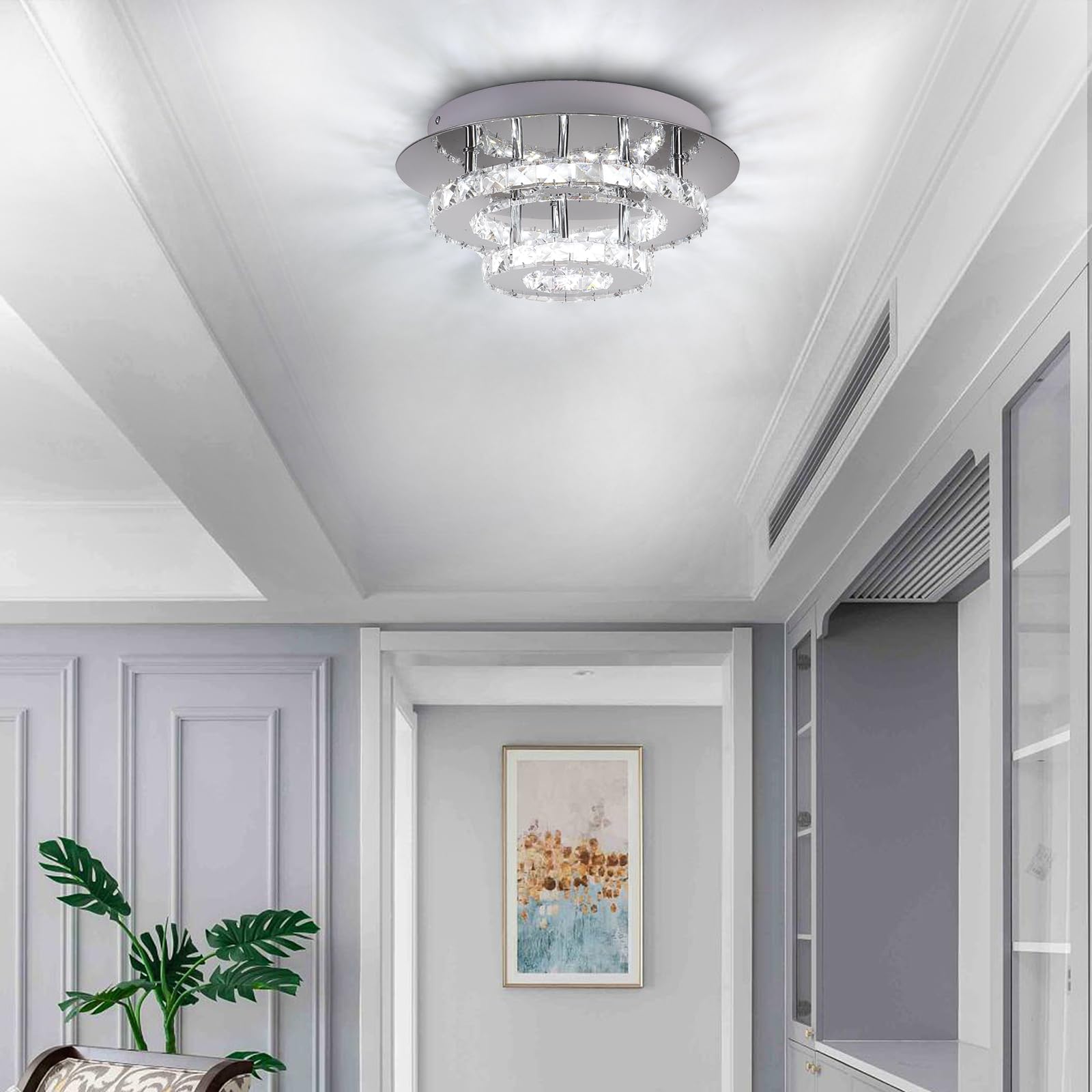 LED-Deckenleuchte 36W Moderne LED Kristall Deckenlampe Rund Edelstahl Kronleuchter für Wohnzimmer Esszimmer Schlafzimmer Badezimmer, Ø30 cm