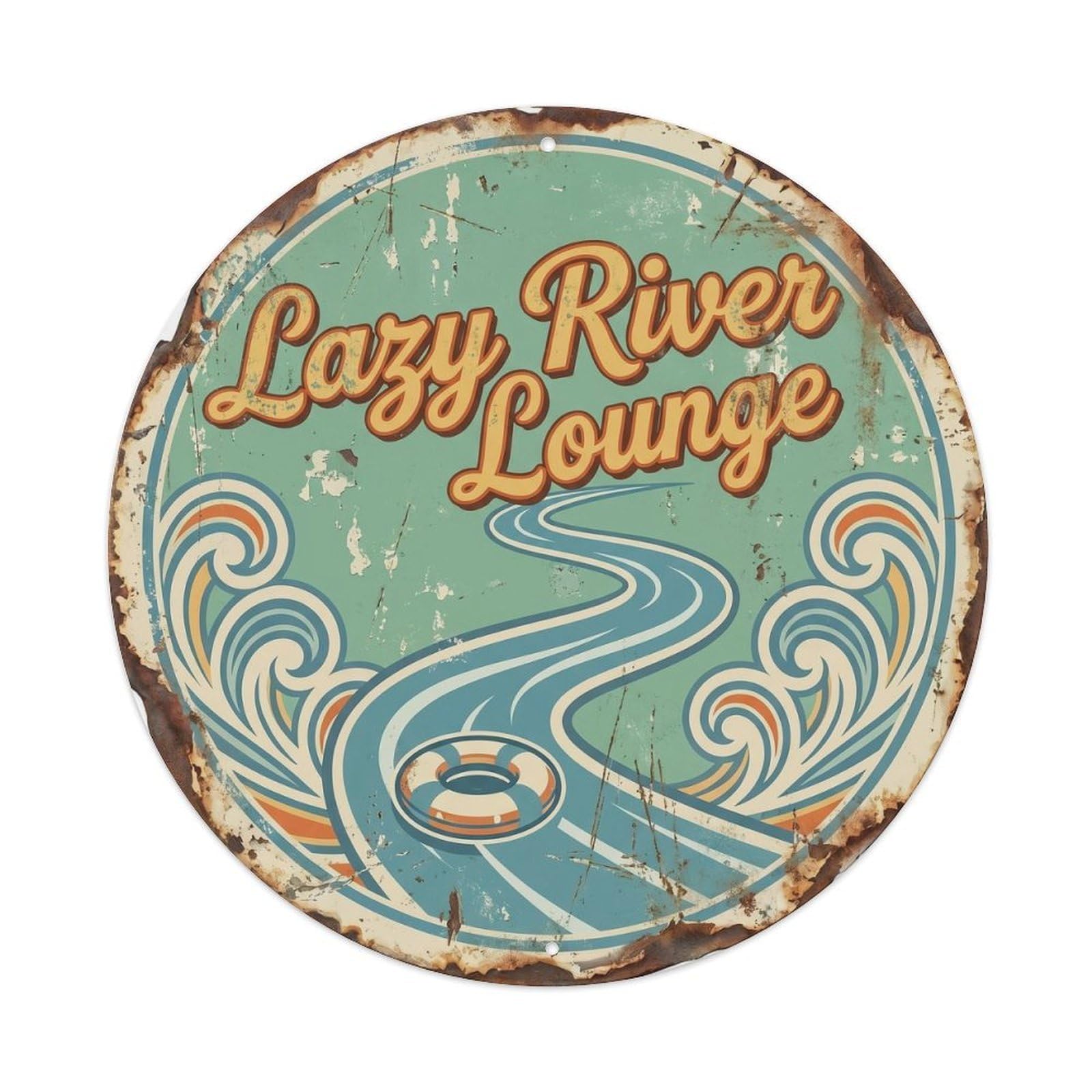 Lazy River Lounge Resort Spa Vintage Poolside Serenity Metal Tin Sign Plaque Wall Decor for Cafe, Man Cave, Club Bar, Office, Home Garden Round Metal Poster 8x8Inch