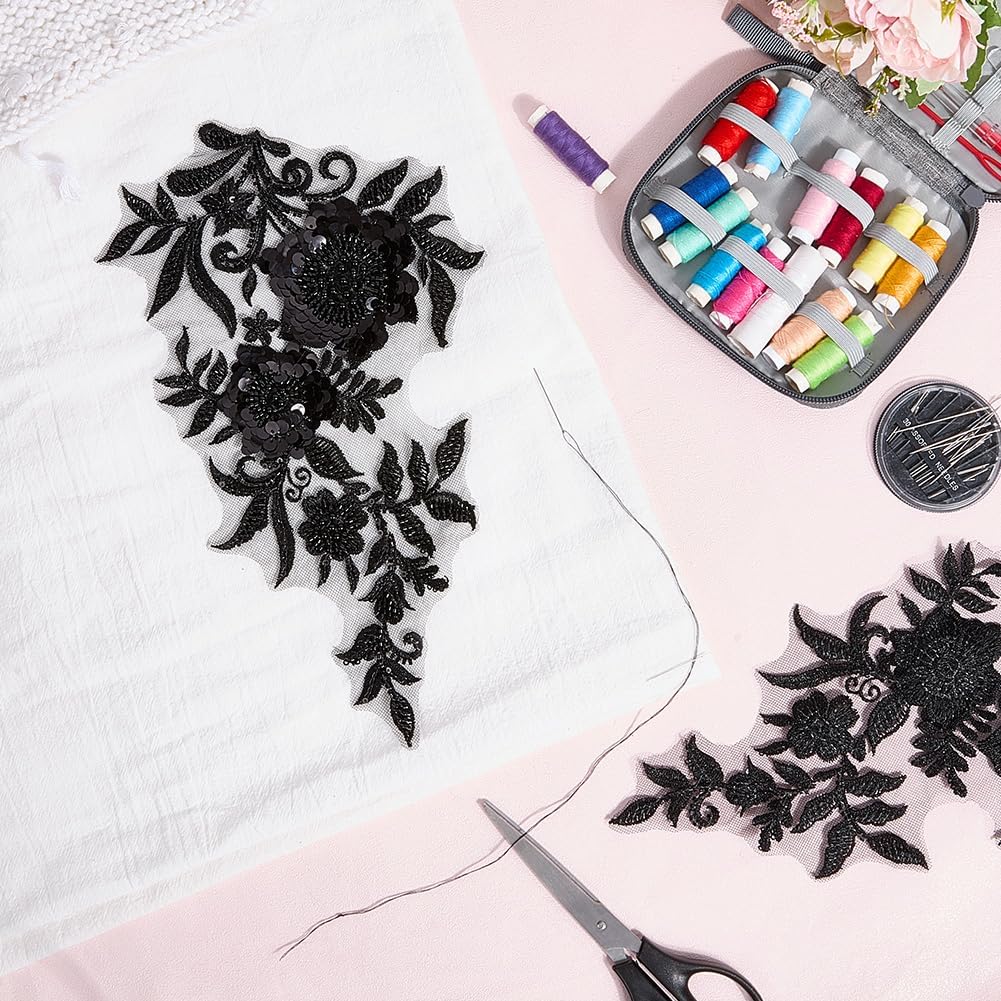 2Pcs Black Floral Embroidery Applique Vintage Beaded Sequin Lace Appliques Polyester 3D Flower Embroidered Sew on Ornament Patches for Sewing Making Dresses Gown Party Bag Jeans Shirt Supply image 3