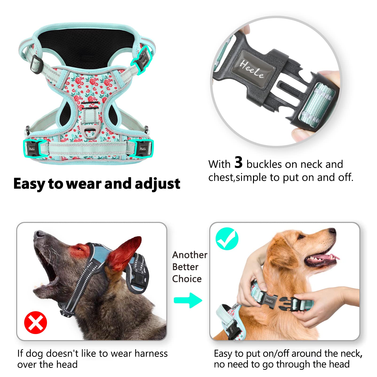 HEELE Pettorina Cane, Imbracatura Sganciata Rapido dal Collo, Pettorina Anti-tiro Riflettente e Regolabile con Maniglia Comoda, Morbida e Imbottita per Cani Piccola Media Grande, Floral-Ciano L