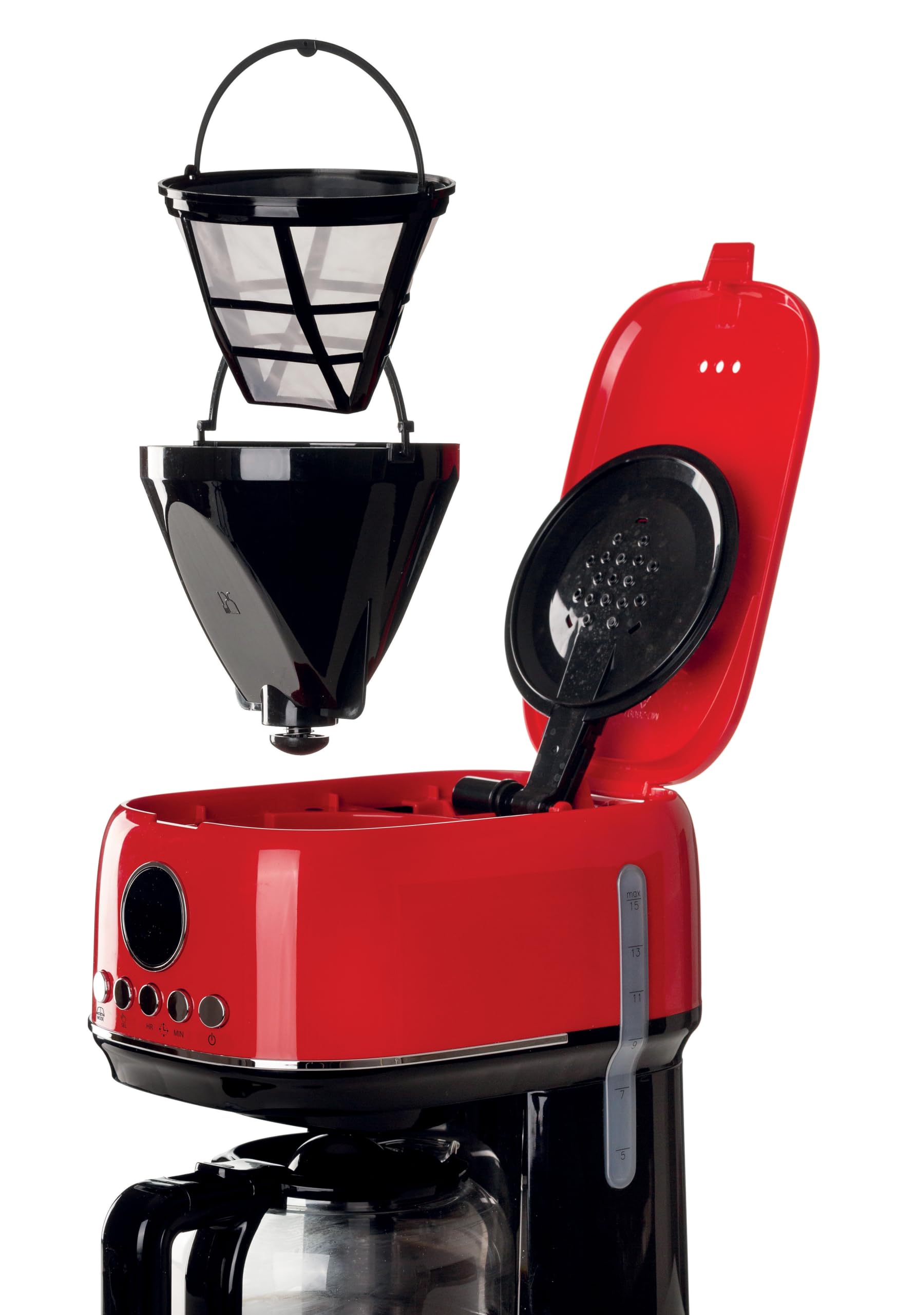 Ariete, Moderna 1396 Cafetière Filtre, Préparez Jusqu'à 15 Tasses de Café Américain, Carafe en Verre Trempé, Base Chauffante, Écran LCD, Filtres Amovibles et Lavables, Rouge