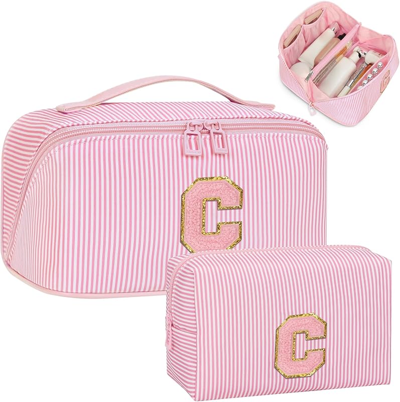 Necessaire de maquiagem Bagmoly com inicial bordada, cor Pink C, pacote com 2