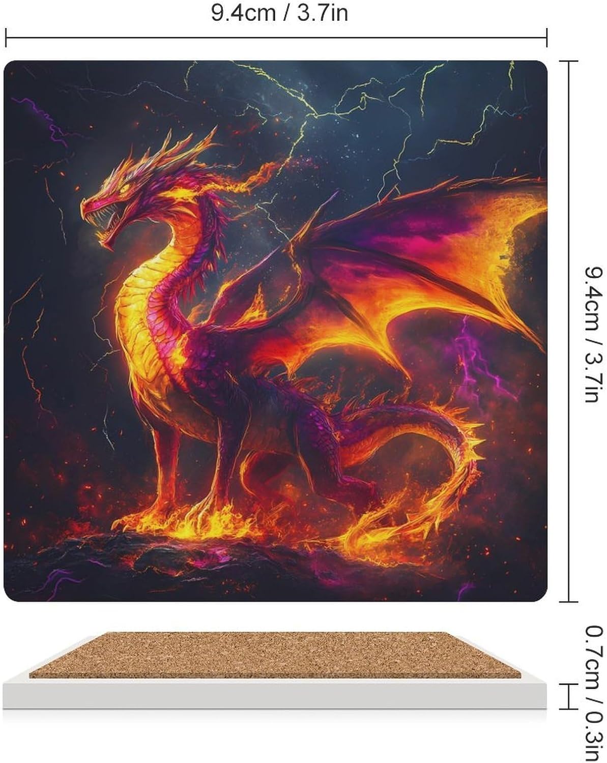 Dragon Vintage Print Coasters for Drinks Square Table Coasters Set Cup Mats with Cork Base