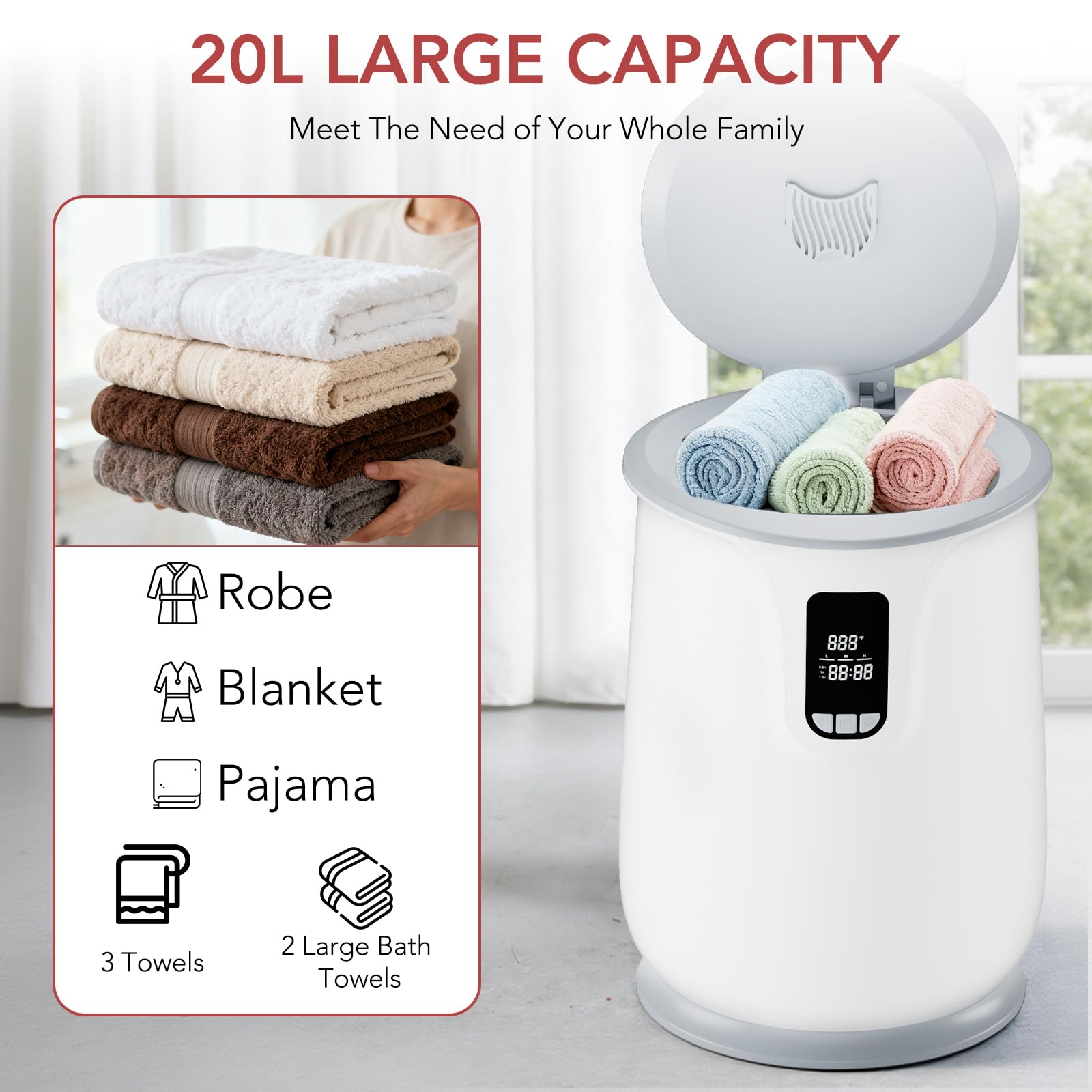 Electactic Scaldasalviette grande da 20 litri per bagno, anche riscaldato per asciugamani, accappatoi e coperte di grandi dimensioni, scaldasalviette per spa con timer 24 ore, temperatura regolabile