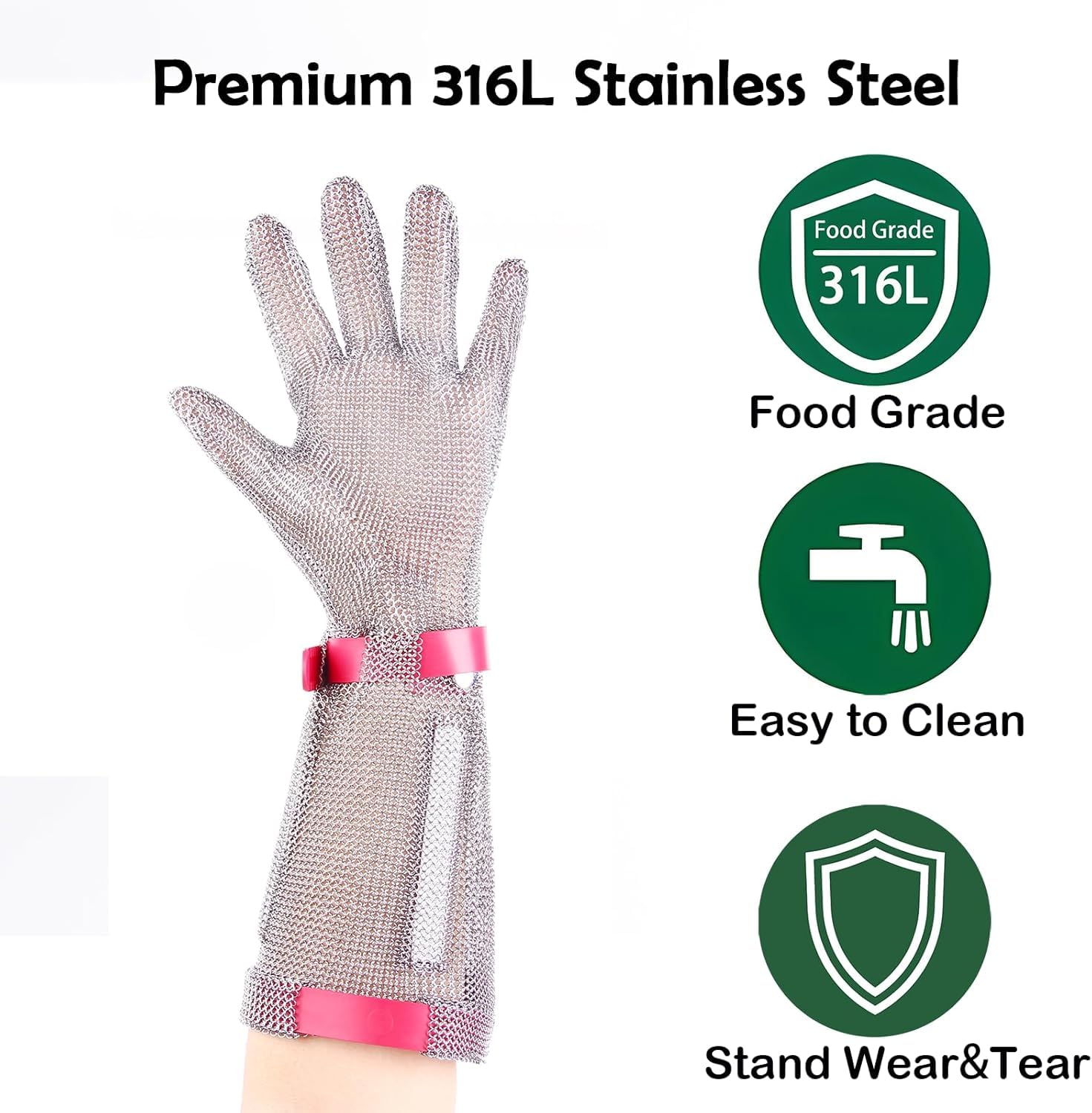 Guante profesional de acero inoxidable, 15 cm de largo, resistente a los cortes con correa de plástico, para carniceros y procesamiento de carne (XL)