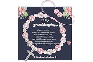 Handmade Adjustable Pink Pearl and Rhinestone Cross Charm Bracelet for Girls